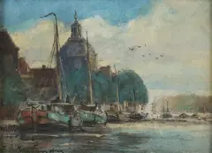 J.C. Roelandse, Havengezicht Amsterdam, Aquarel op papier