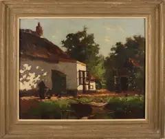 Cornelis  Groeneveld, Boerderij met boerin en punter, Olieverf op paneel