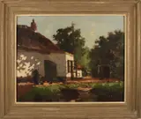 Cornelis  Groeneveld, Boerderij met boerin en punter, Olieverf op paneel