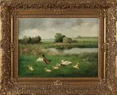 J. Damstra, Eenden familie aan waterkant, Olieverf op linnen