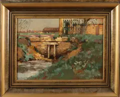 Edouard Houbolt, Landschap met bruggetje, Olieverf op paneel