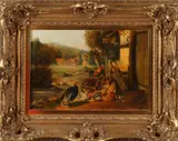 M. Graham, Landschap met hoenderhof, Olieverf op paneel