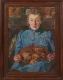 B. van Houten, Vrouw met hondje op schoot, Olieverf op linnen