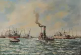 L. Scheen, Havengezicht Rotterdam met stoomsleper, Olieverf op paneel
