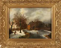 S.M. Bijlsma, Kasteel met figuren op ijs, Olieverf op paneel