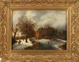S.M. Bijlsma, Kasteel met figuren op ijs, Olieverf op paneel