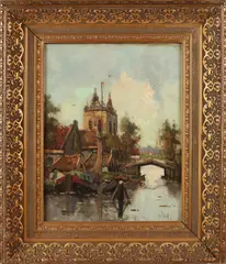 V. Toog, Dorpshaven met ophaalbrug, Olieverf op linnen