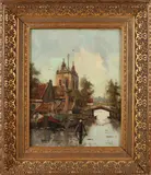 V. Toog, Dorpshaven met ophaalbrug, Olieverf op linnen