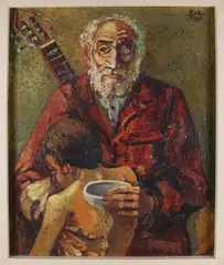 Halfblinde man met gitaar en kind by Rodalfo Tur, 1970, Olieverf op linnen, sold Oct 2019