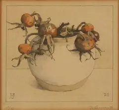 Jan Voerman jr., Rozenbottels in vaas, 1925, Lithografie op papier