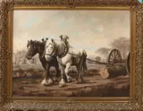W. de Kok, Trekpaarden met boomstam, Olieverf op linnen