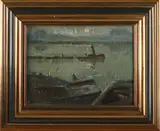 Havengezicht bij nacht by Onduid. gesig., Olieverf op paneel, sold Oct 2019