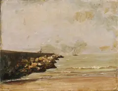 Carl Breitenstein, Kustgezicht met zeilboot, Olieverf op linnen