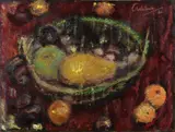 Stilleven met fruit by Onduid. gesig., Olieverf op paneel, sold Oct 2019