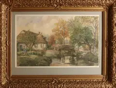 P.M. Hendriks, Landschap Giethoorn, Aquarel op papier