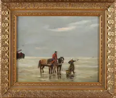 K. Burgmans, Schelpenvissers op strand, Olieverf op paneel