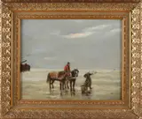 K. Burgmans, Schelpenvissers op strand, Olieverf op paneel