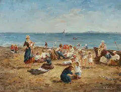 Eugène Lambert, Vele spelende figuren op strand, Olieverf op paneel
