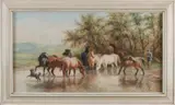 Willem Carel Nakken, Herder met paarden bij drenkplaats, Aquarel op papier