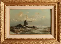 J.H. Doeleman, Hollands wintergezicht met molens, Olieverf op paneel