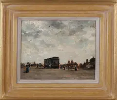Cor Noltee, Stadsgezicht met tram en figuren, Olieverf op linnen
