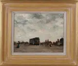 Cor Noltee, Stadsgezicht met tram en figuren, Olieverf op linnen