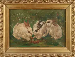 W. Stern, Drie konijnen in gras, Olieverf op linnen