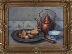 Gerard Post Greve, Stilleven met brood, koper en porselein, Olieverf op linnen