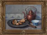 Gerard Post Greve, Stilleven met brood, koper en porselein, Olieverf op linnen