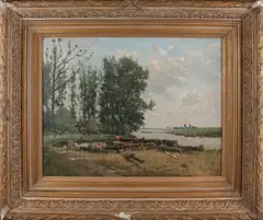 Bartus Korteling, Landschap met wandelende boerenvrouw, Olieverf op linnen