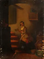 Monogram A.E.G., Dame met gevangen muis, 1864, Olieverf op paneel