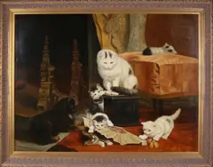 J. Hovener, Poezen in interieur, Olieverf op linnen