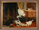 J. Hovener, Poezen in interieur, Olieverf op linnen