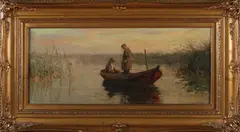J.A. Hesterman, Twee vissers in boot bij rietkraag, Olieverf op linnen