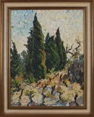 Cipressen op rotsen by Theo Goedvriendt, Olieverf op paneel, sold Jun 2019