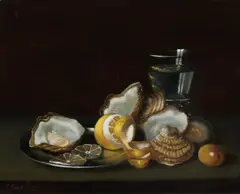 C. Cornelis, Stilleven met citoen, oesters, tin en glas, Olieverf op paneel