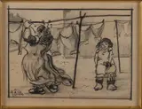 Figuren bij waslijn by Heinrich Zille, Houttekening op papier, sold Jun 2019