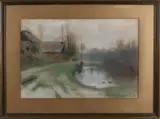 Petrus Paulus Schiedges, Landschap met wasvrouw, Pastel op papier