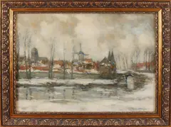 F.H. van Oudheusden, Stadsgezicht in sneeuw, Olieverf op linnen