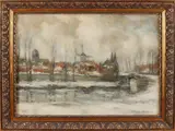 F.H. van Oudheusden, Stadsgezicht in sneeuw, Olieverf op linnen