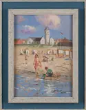 J.J.H. van Leeuwen, Strandgezicht Katwijk, Olieverf op paneel