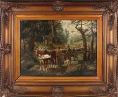 J. Arnould?, Houtvesters in bos, Olieverf op linnen