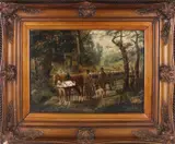 J. Arnould?, Houtvesters in bos, Olieverf op linnen