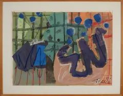Bep Toscani, Abstract, Abstracte compositie met gemengde techniek + krantenpapier
