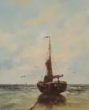 L. Scheen, Bomschuit op strand, Olieverf op paneel