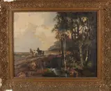 Cornelis de Bruin, Landschap met boer en paardenkar, Olieverf op linnen