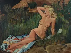 F. de Greef, Naakte dame in natuur, 1963, Olieverf op linnen