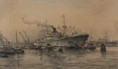 Joop Molenaar, Havengezicht Rotterdam, Houtskooltekening op papier