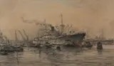 Joop Molenaar, Havengezicht Rotterdam, Houtskooltekening op papier