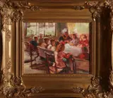 Interieur met kinderen by Onduid. gesig., Olieverf op linnen, sold Jun 2019